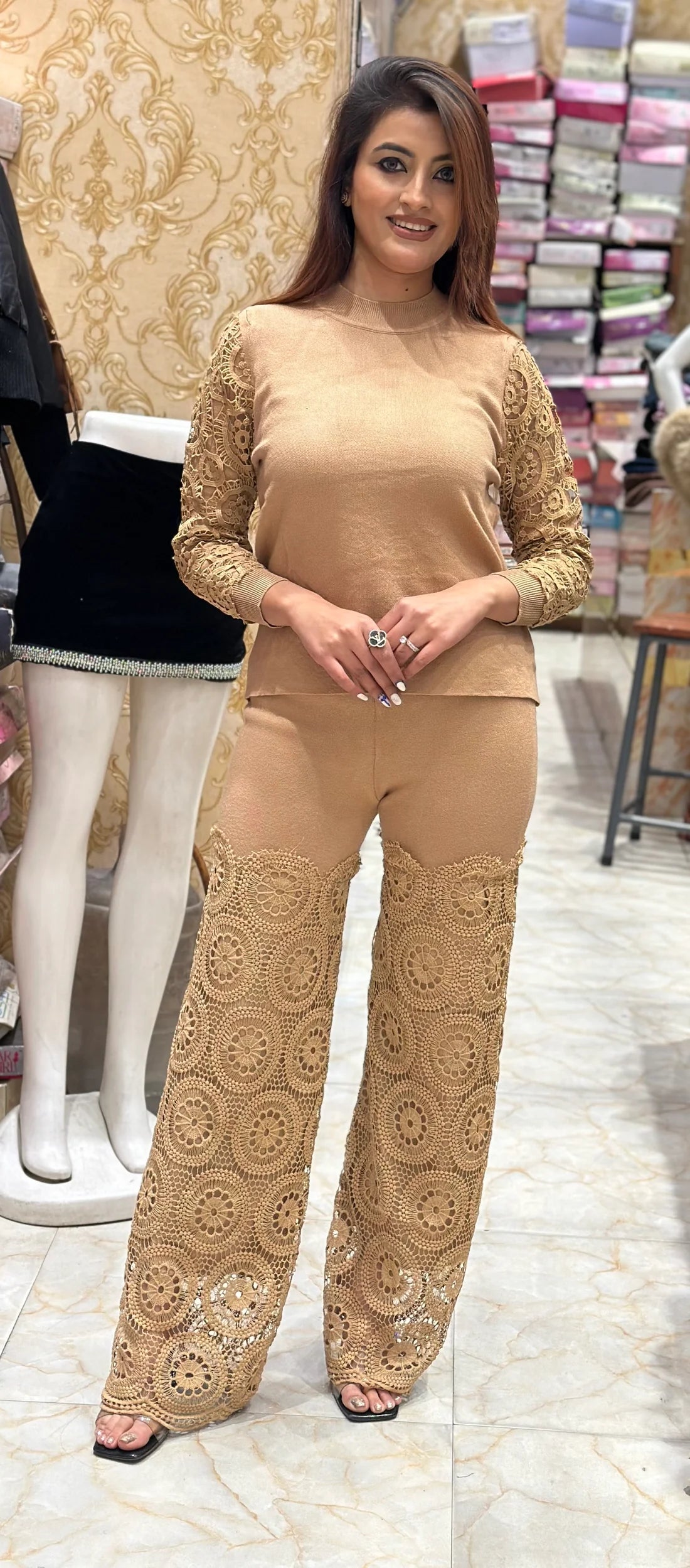 Saira 2 Piece Outfits  Knit Pullover and Wide Leg Lace Pants Lounge Matching Set
